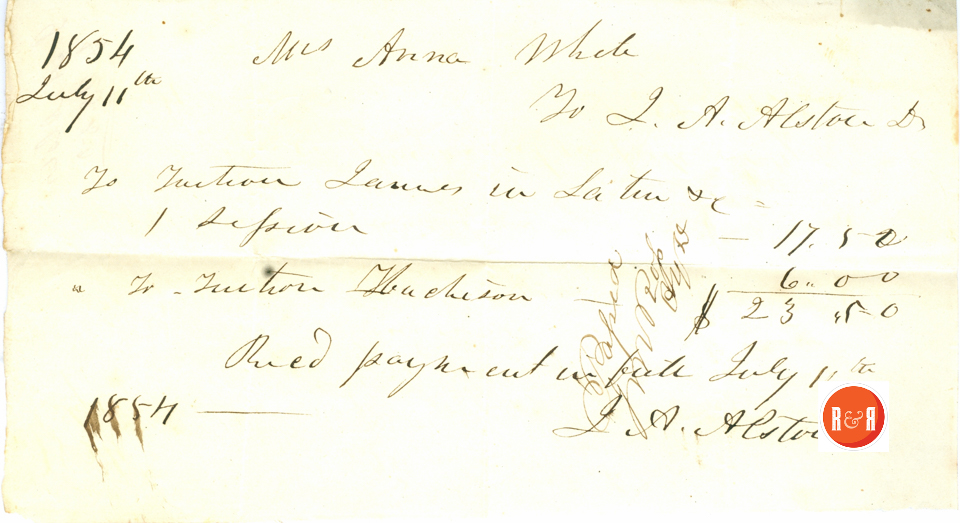 Ann H. White pays J.A. Alston for tutoring J.S. White and Hutchison - 1854