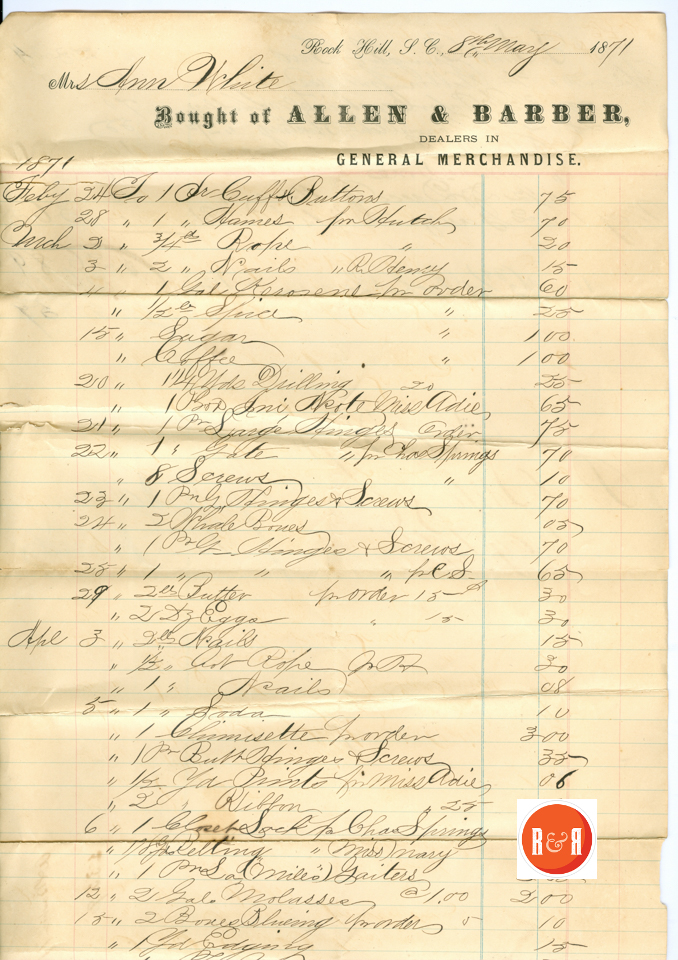 Ann H. White buys goods at the Firm of Allen and Barber - 1871  Courtesy of the White Collection/HRH 2008 p. 1