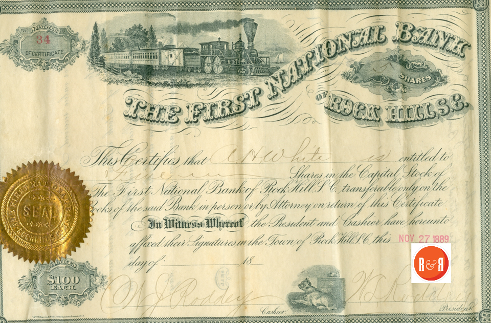 A.H. White holds shares in the National Bank of Rock Hill, S.C. Courtesy of the White Collection/HRH 2008