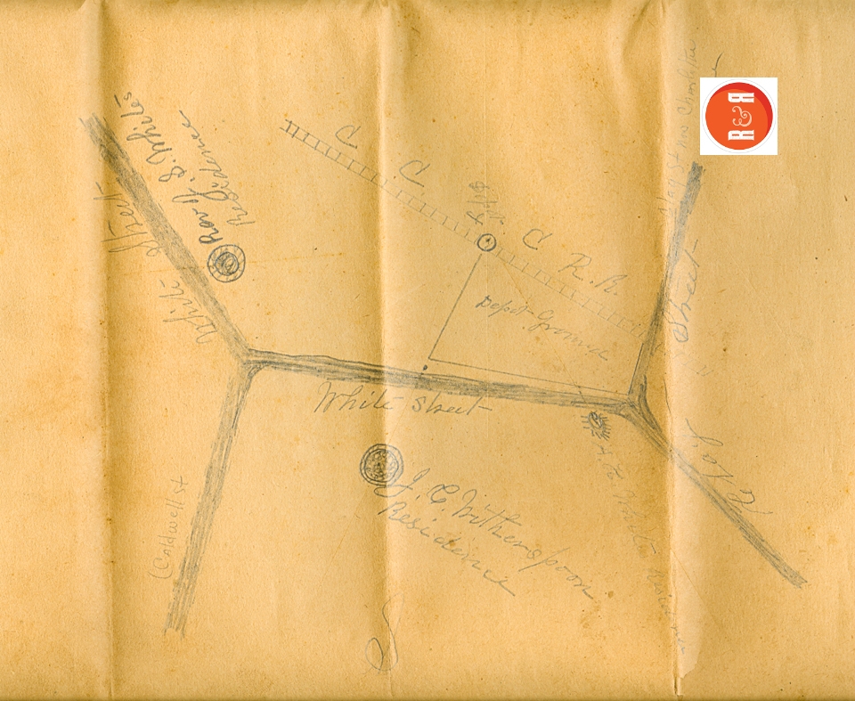 Undated map of the White's Clay and White Street properties showing the location of the new 3C's Railroad Depot yard. Courtesy of the White Family Collection - 2008