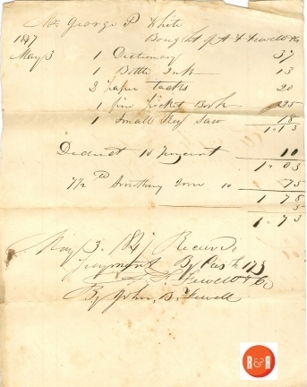 Prior to the railroad coming to Rock Hill in 1850, Geo. P. White often shopped at the Fewell's Store in Ebenezer.