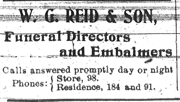 Ad for the W.G. Reid and Son's Funeral Business from the Rock Hill Record - June 25, 1908.
