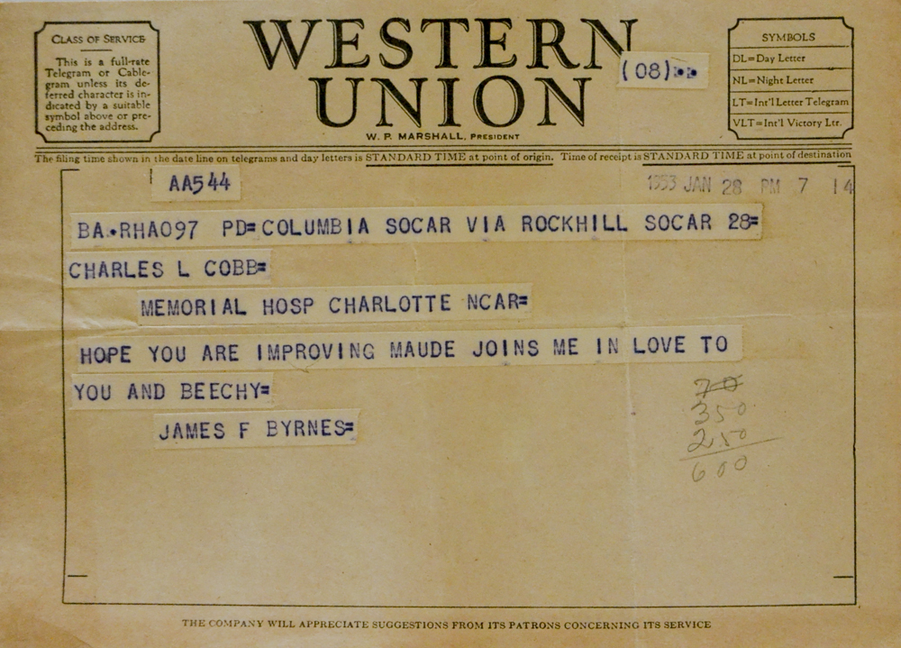 JAMES F. BYRNES NOTE TO CL COBB