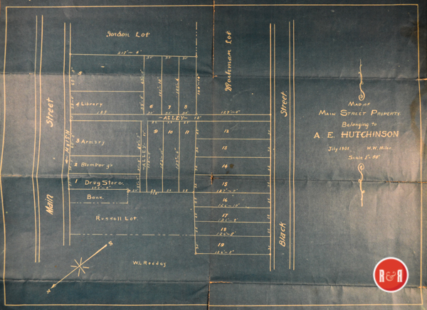 The Hutchison's 1901 survey of Main St., properties showing the location of the Blumberg Jewelry Company... Lot #2.