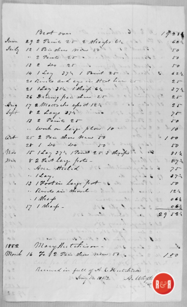 Account of A.E. Hutchison and Mary Hutchison, p. 2 - 1852, Pd. and signed by A. Whyte Jan. 14, 1853.  Document notes: Account of A. E. Hutchison for 1852 (does not identify the merchant). Total is $29.52 ½ and includes food and household goods.  Also lists Mary Hutchison and Richard Pressley.  Signed by A. Whyte, January 14, 1853.