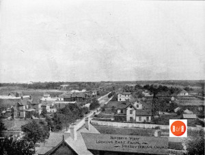 Birdseye view of East Main Street. The home on the right (full image of), was the Cobb home. The roof at the bottom of the image is the Mills - Friedheim home in 1895. Courtesy of the YC Library.