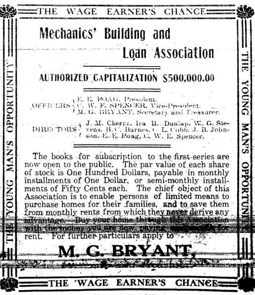 Mechanics's Building and Loan advertisement from the RH Record, 6.25, 1908