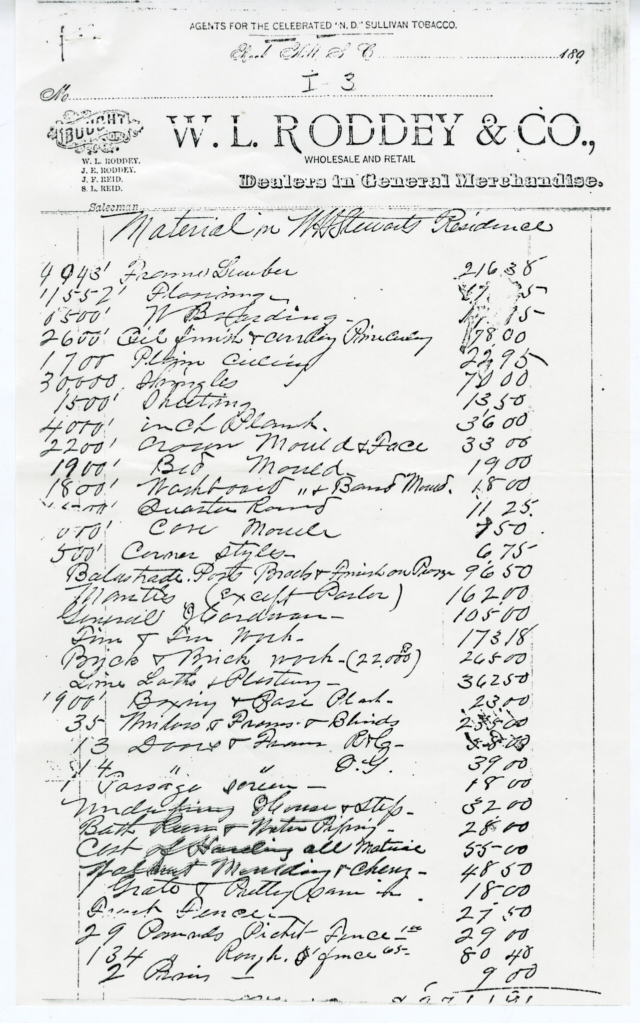 W.L. RODDEY'S MATERIAL LIST FOR THE STEWART HOME: WM. B. WHITE JR., COLLECTION WU PETTUS ARCHIVES