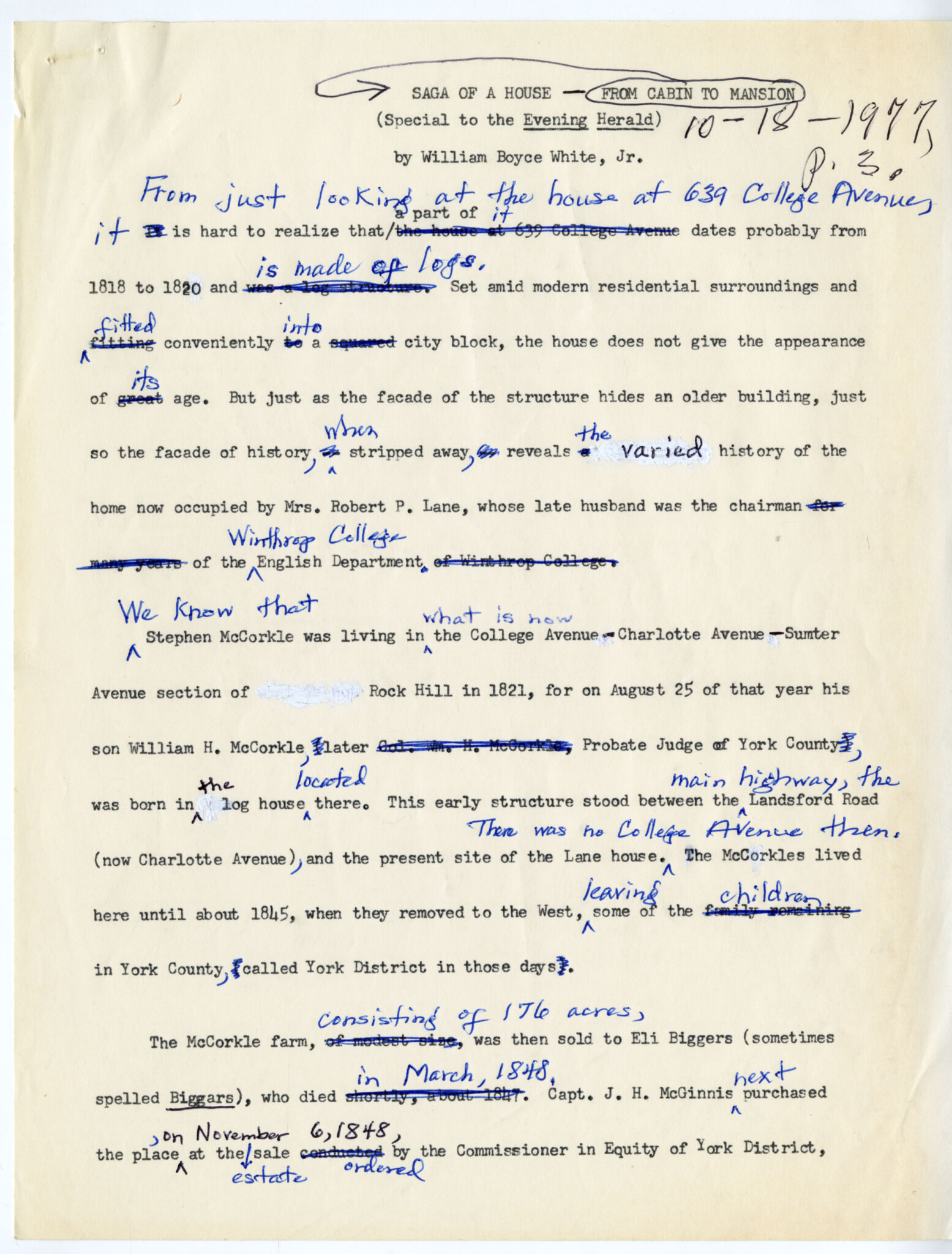 NOTES ON THE HOME BY WM. B. WHITE, JR. P. 1 - WU PETTUS ARCHIVES