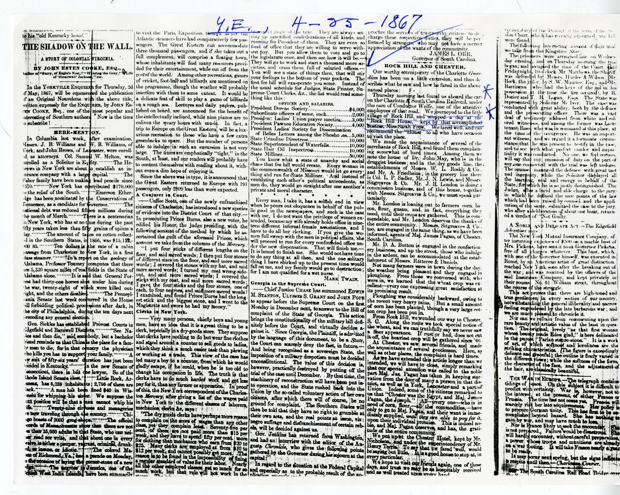ROCK HILL IN 1867 - WU PETTUS ARCHIVES NEWSPAPER REPORT