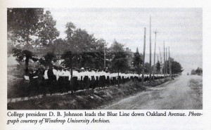 Winthrop College President, Mr. D.B. Johnson leads students to downtown churches, "The Blue Line" along Oakland Avenue.