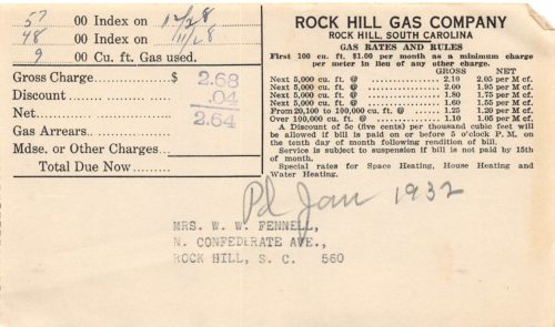 Receipt for Rock Hill Gas Company, 1932 - W.W. Fennell Collection, 2021