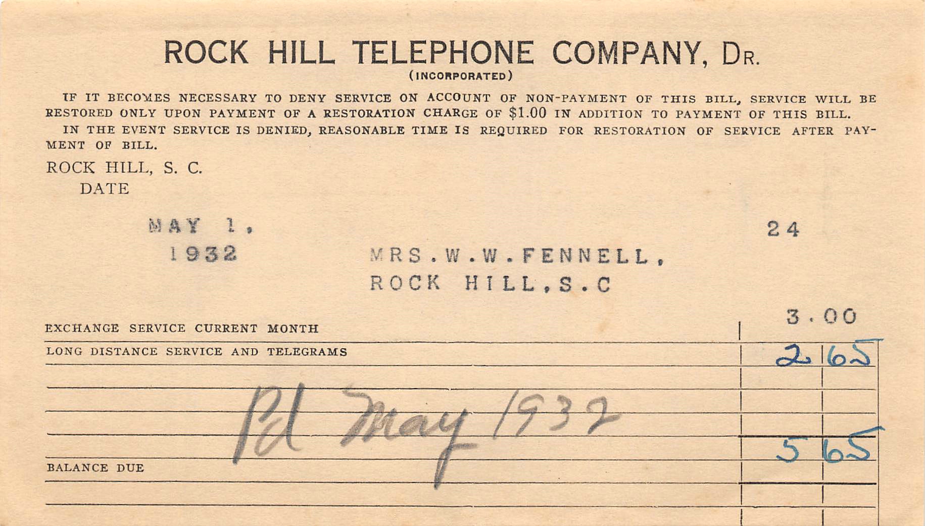 Bill for RH Telephone Co., Mrs. W.W. Fennell - 1932