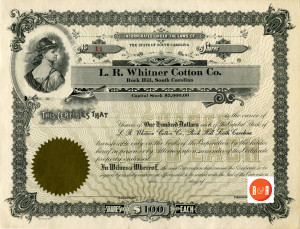 Stock certificate in the Whitner Cotton Company. 