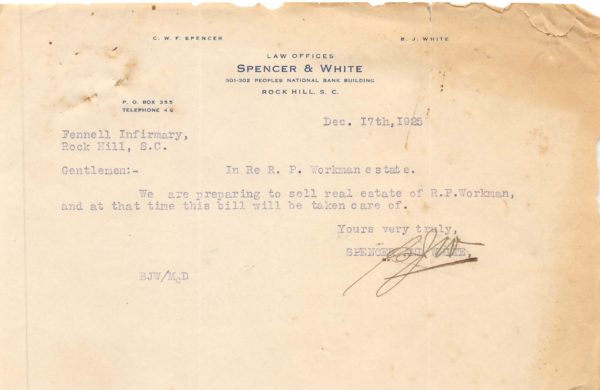 Spencer and White Letter concerning the Workman Estate 1925 - Courtesy of the W.W. Fennell Collection 2021