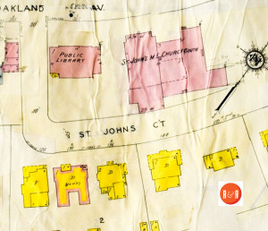Note in this diagram, St. John's Court is no longer in evidence. The home once lining the street have been relocated or demolished, that is with the exception of one home. Sanborn Insurance Map 1926 - 1959. Courtesy of the Galloway Map Collection