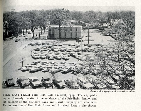 Image of the former Friedheim’s front lawn, turned into a parking lot in the early 1950’s. The bank buildling in the background is the location of the Cobb’s home. Courtesy of the City Without Cobwebs – Brown, 1953