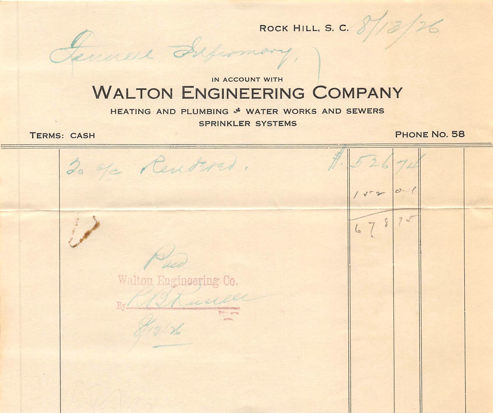 Walton Engineering Co., did the plumbing work on the new Pres. Manse.... Courtesy of the Fennell Collection 2021