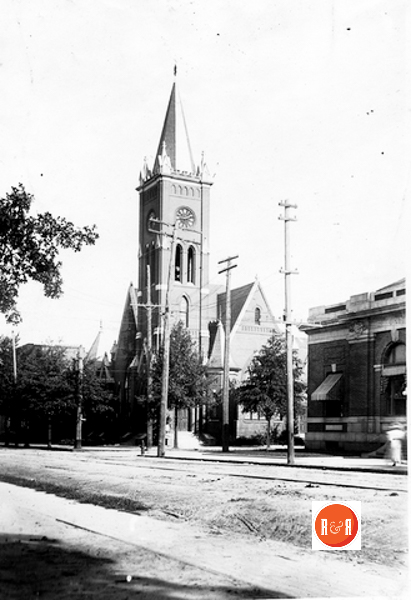 An early image of St. Johns Methodist Church as it stood on the corner of Main and Caldwell Streets, until the new present church was constructed. Note the historic building next to it was originally the U.S. Post Office ans was moved to the current site on South Oakland Avenue. Courtesy of AFLLC