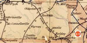 Postal map showing Rock Hill as a transportation hub on two railroads in 1896. Courtesy of the Un. of N.C. Note the area North of Rock Hill was called Old Point P.O. in 1896, the Town of Ebenezer.