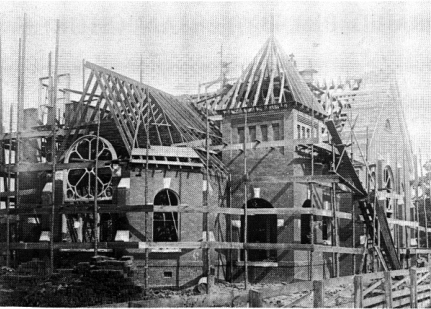 A.R.P. Church under construction. Founding member, Wm. F. Strait, M.D., died prior to the church being completed and his funeral service was conducted in the unfinished building.