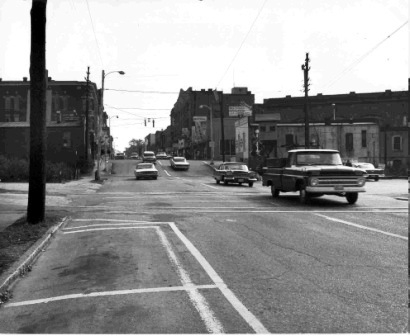 View of the Roddey Building looking east from West Main street across the railraod and up the hill, circa 1970.