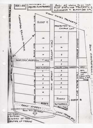 Layout of the original lots in downtown Rock Hill, SC showing the depot on the west side of the tracks.