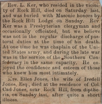 Announcement in the Rock Hill paper of Mrs. Jones death.