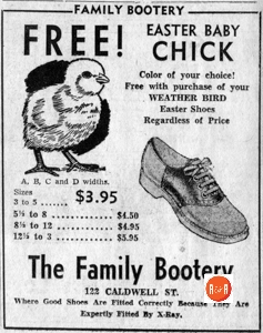 This advertisement is for the Bootery after it moved to 122 Caldwell Street.