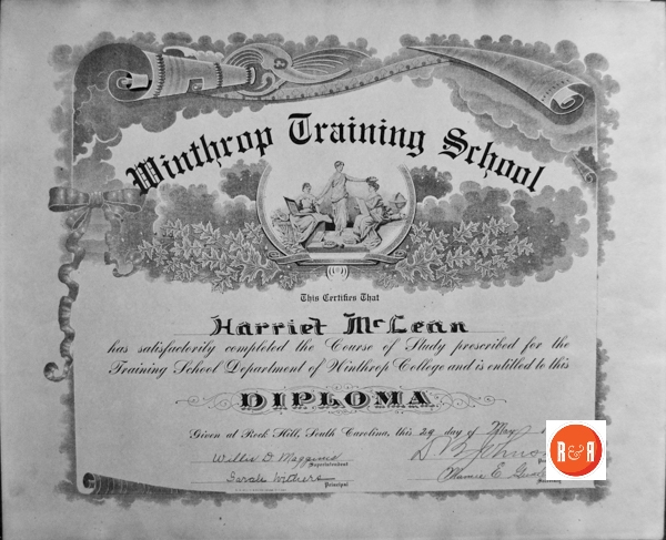 Harriet McLean’s diploma from WTS in 1913, signed by D.B. Johnson.
