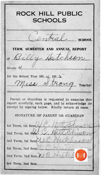 The 1938 report card for Billy Hutchison.