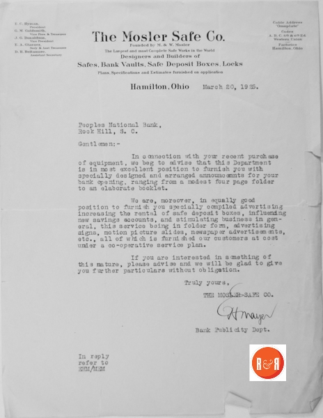 Letter pertaining to the Mosler Safe Company which provided the safe in the People’s National Bank.