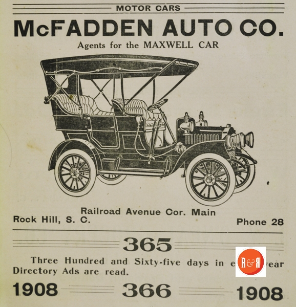 Ad for McFadden Motor Co., 1908 Rock Hill City Directory