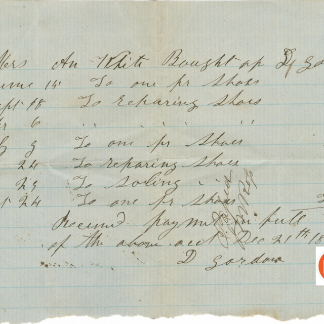 Early receipt for David Gordon of Rock Hill repairing shoes for Ann H. White in 1853. Courtesy of the White Family Collection – 2008