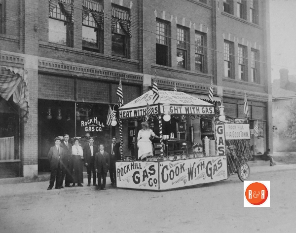 Early 20th century image of the parade float for the Rock Hill Gas Company. In 1920, it was listed as being at #113 Hampton Street.  Image courtesy of AFLLC