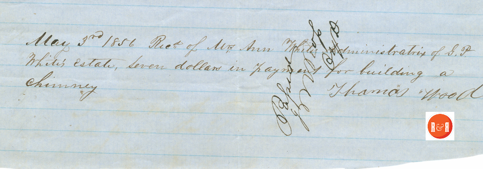 A receipt for payment to the White Estate, dated May 3, 1856 from Thomas Wood. Courtesy of the White Family Collection - 2008