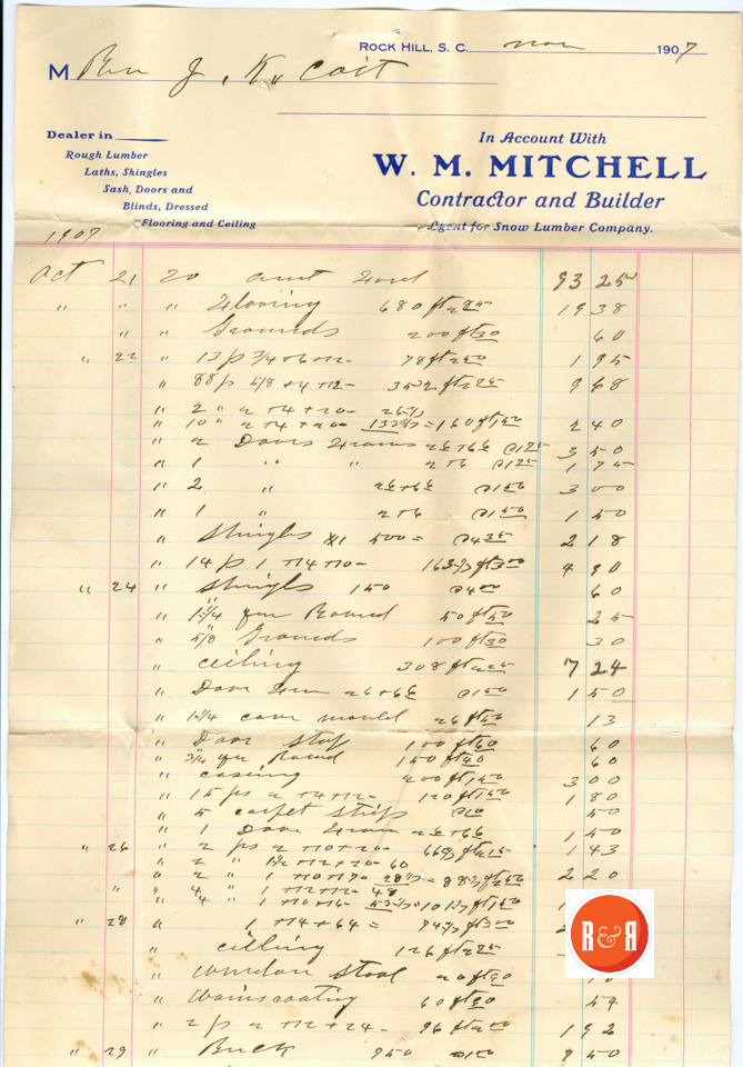 Bill for Rev. Coit's work by W.M. Mitchell - 1907