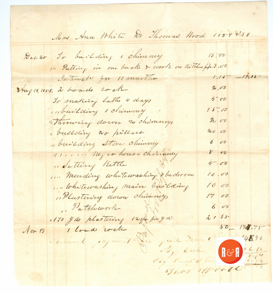 Bill for work completed by Thomas Wood on the White Home in 1857 – White Family Collection, 2008