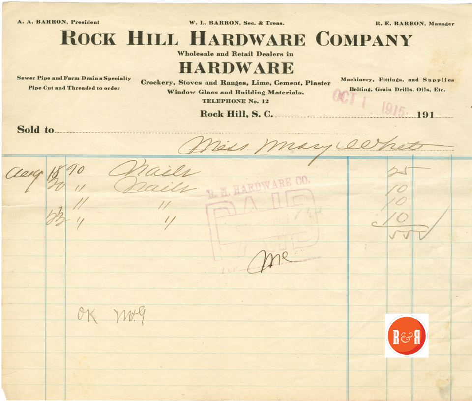 Ms. Mary E. White purchases nails from R.H. Hardware - 1915 - Courtesy of the White Collection/HRH 2008