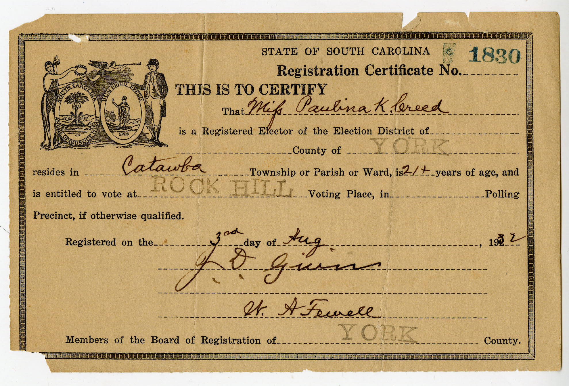 Pauline Creeds Voter Registration Card - 1932 Courtesy of the WU Pettus Archives, 2024