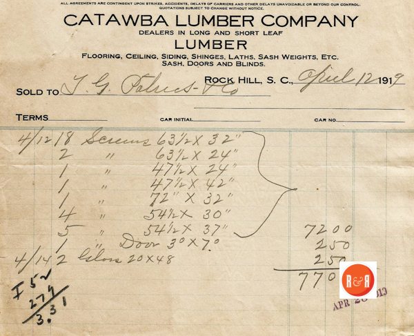 Receipt from the lumber co., to the White Oak PO and Store in Fairfield Co., S.C. - Courtesy of the Vance Cooper Collection, 2017