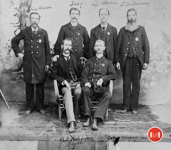 Mayor W.C. Hutchison and the police force: A.L. Wallace, Doby, L.D. Wilkerson, J.M. Devinney and Chief, Culp. Courtesy of the Hutchison Collection - 2020. The exact date of this image is unknown, but Hutchison served as Mayor of Rock Hill, from 1896-98.