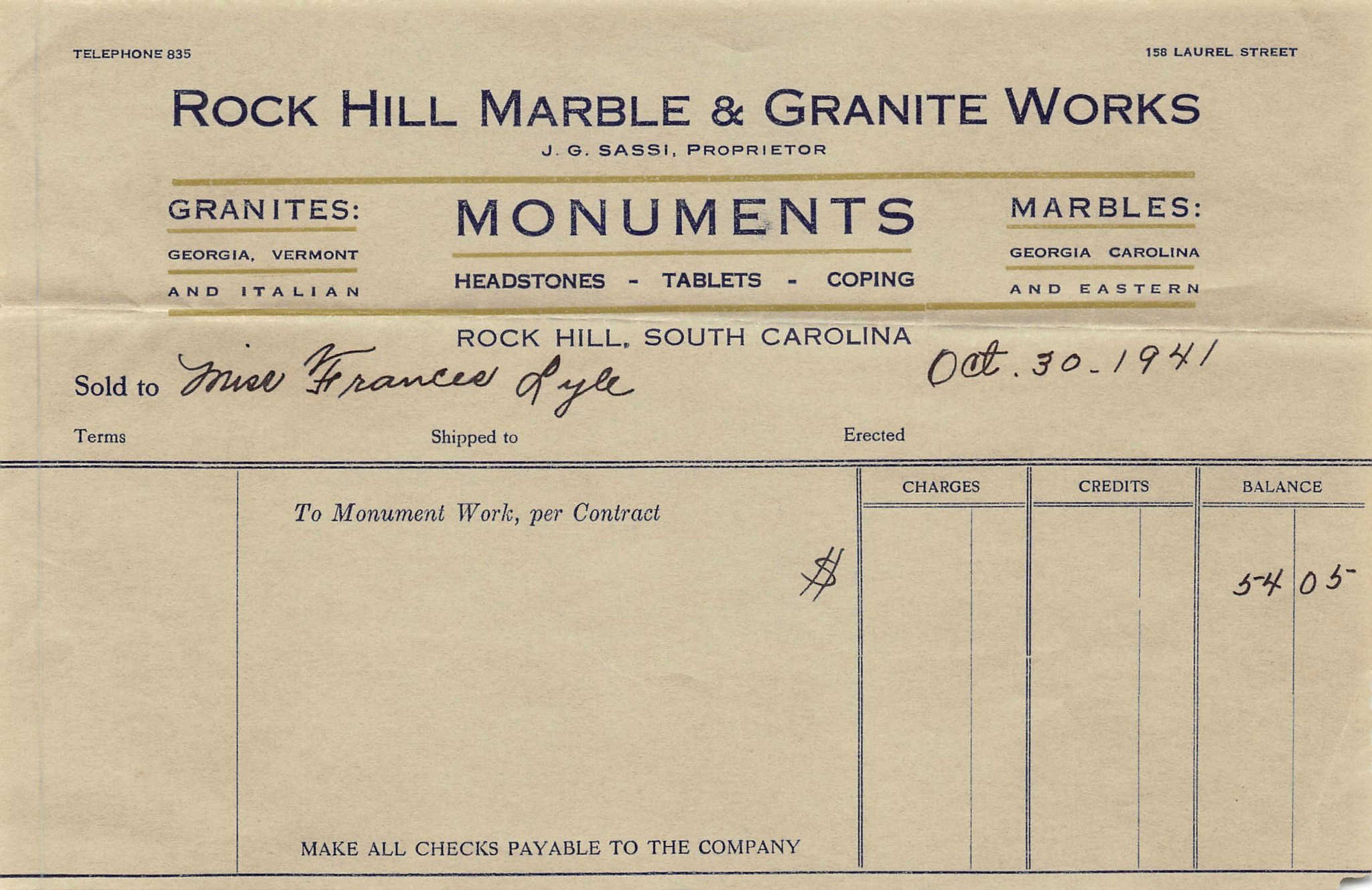 1941 RECEIPT FOR MONUMENT WORK - LYLIE (FENNELL COLLECTION 2021)