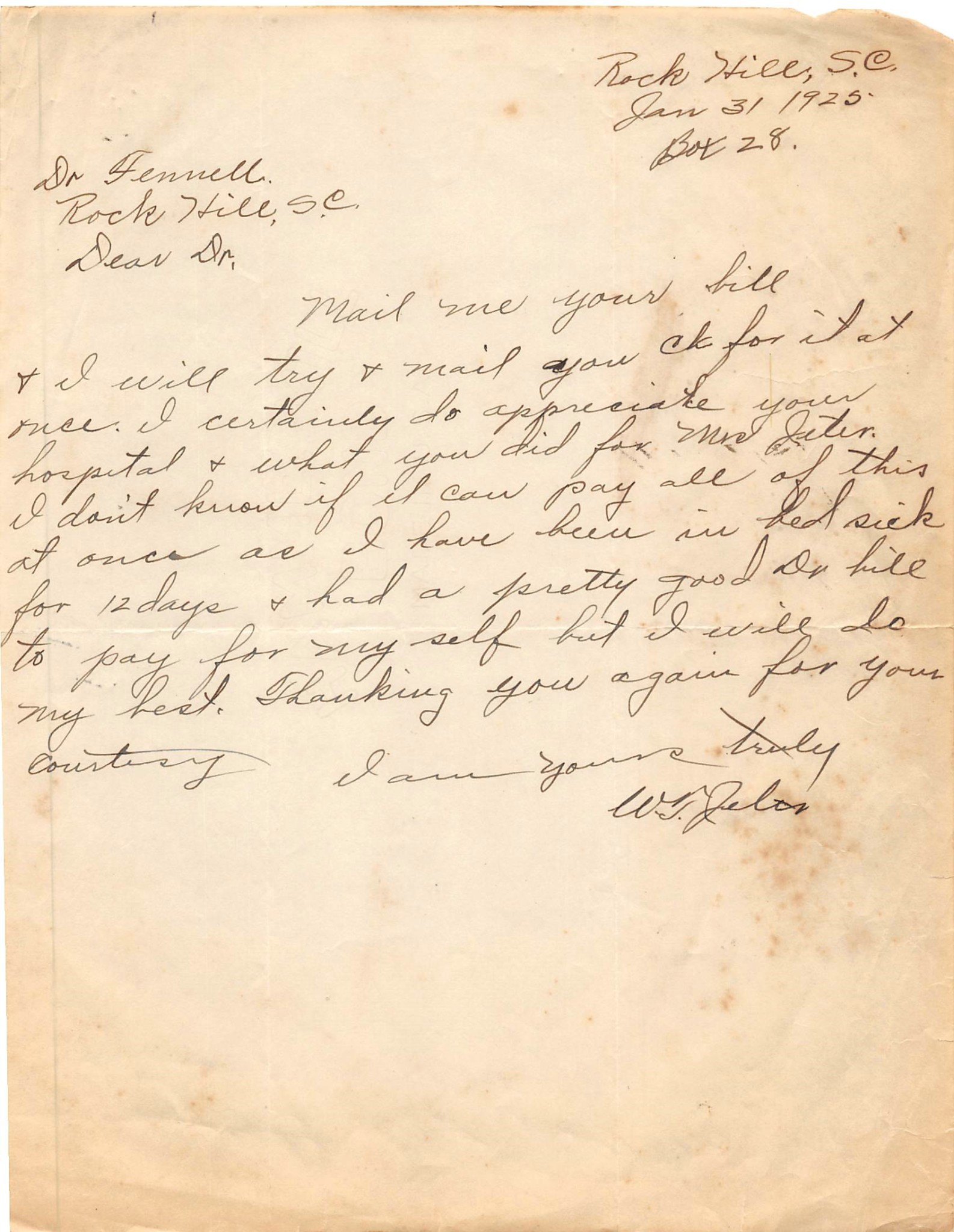 LETTER FROM W.F. JETER - 1925