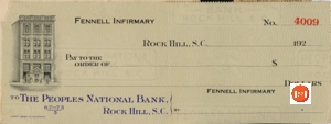 Bank check on the Fennell Infirmary of Rock Hill, S.C.