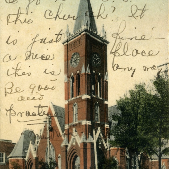 Postcard image of St. John’s Methodist Church on the corner of East Main and Caldwell Street.