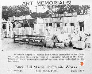 Rock Hill Marble and Granite Works on Laurel Street belonging to John G. Sassi.
