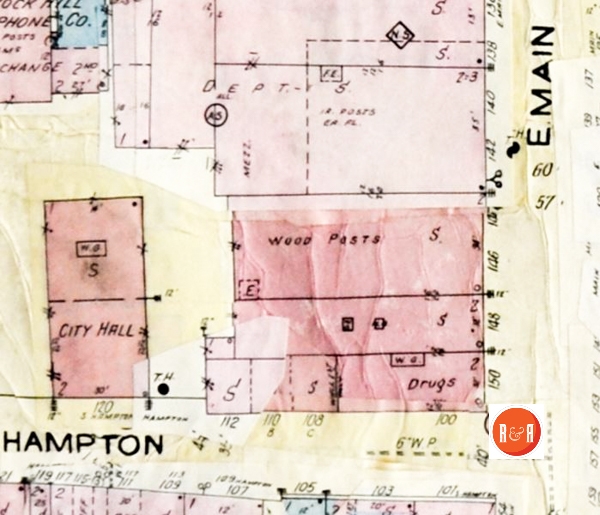Sanborn Insurance Map of the subject, 1926 – 1959. Good Drug Store was on the corner of Hampton and East Main Streets, demolished as part of urban renewal. Courtesy of the Galloway Map Collection.