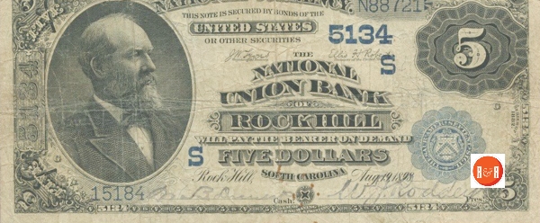 A five dollar bill issued by the National Union Bank with W.J. Roddey’s signature.