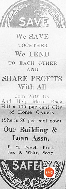 Ad for Our Building and Loan Co., owned and operated by Mr. J.S. White and B. M. Fewell, 1927.